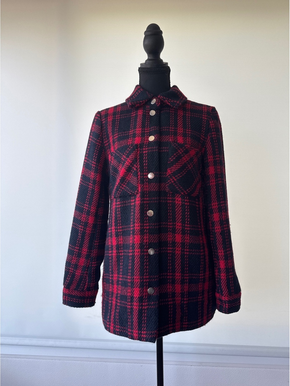 Pimkie Womens XS Red Black Plaid Wool Blend Shirt Jacket Shacket Overshirt